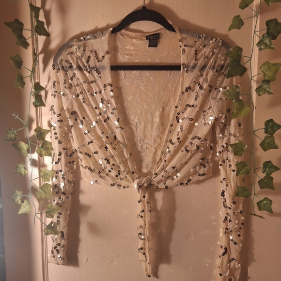 Cejon Tops - Sequin Tie-Front Sheer Creme Crop Top